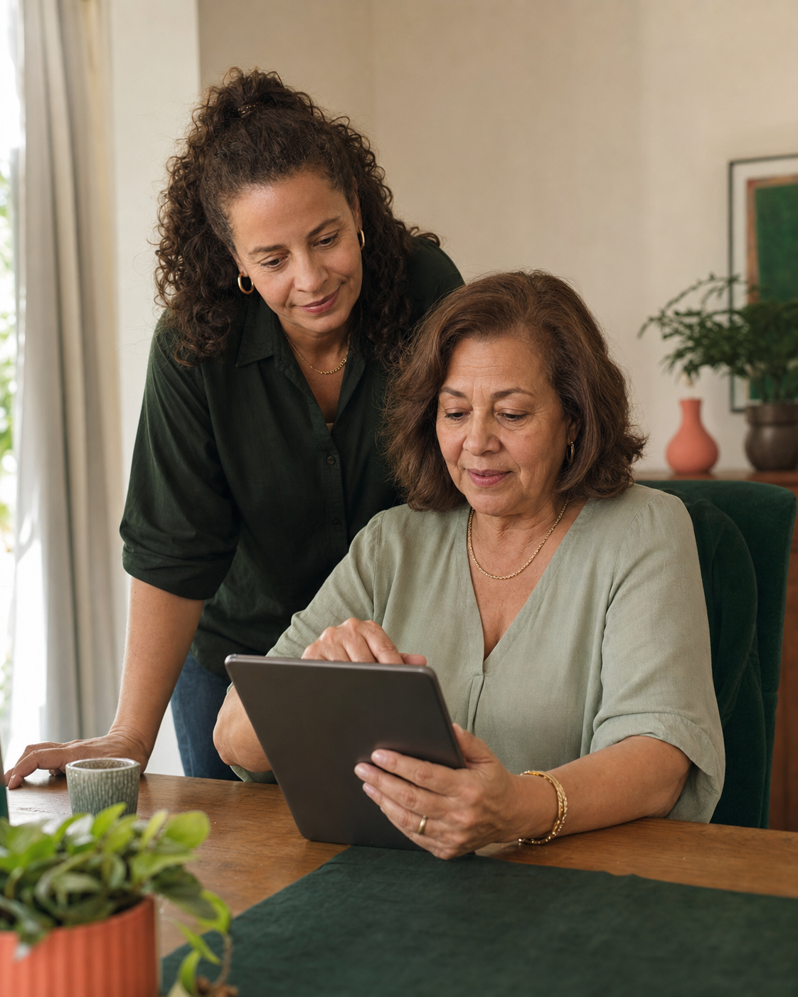 Mulher realizando a avaliação no tablet acompanhada por uma familiar