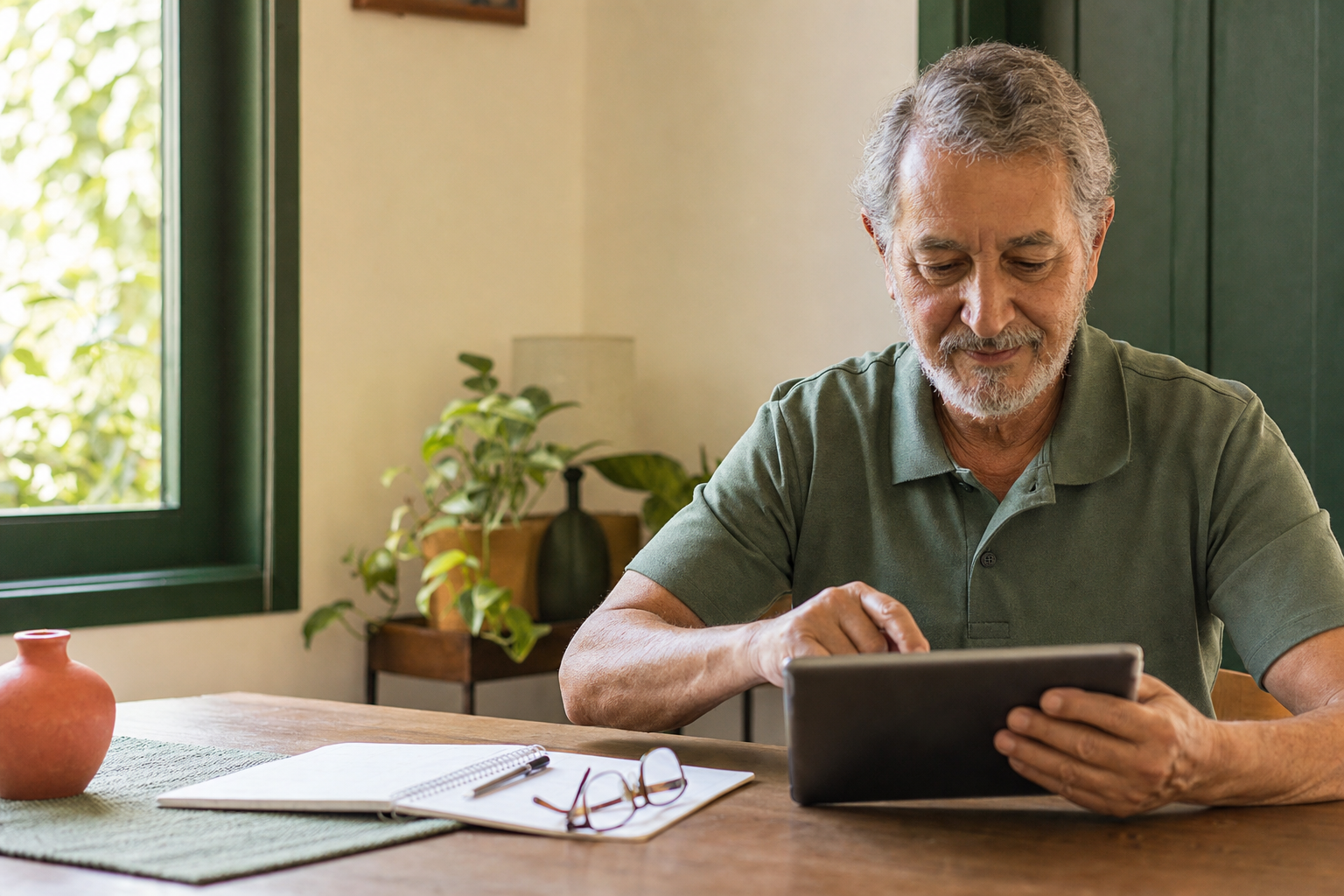 Homem realizando sozinho uma atividade cognitiva no tablet